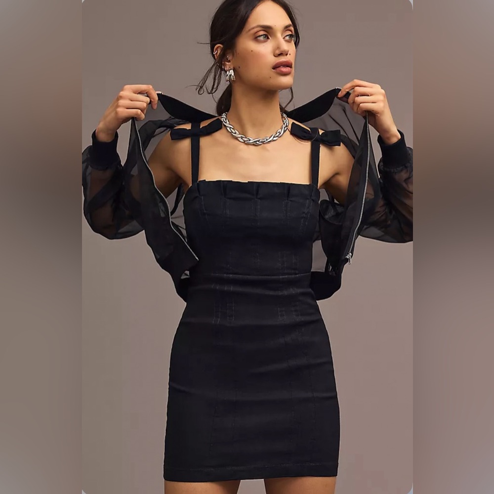 Anthropologie Black Bow Tie Strap Mini Dress XS
